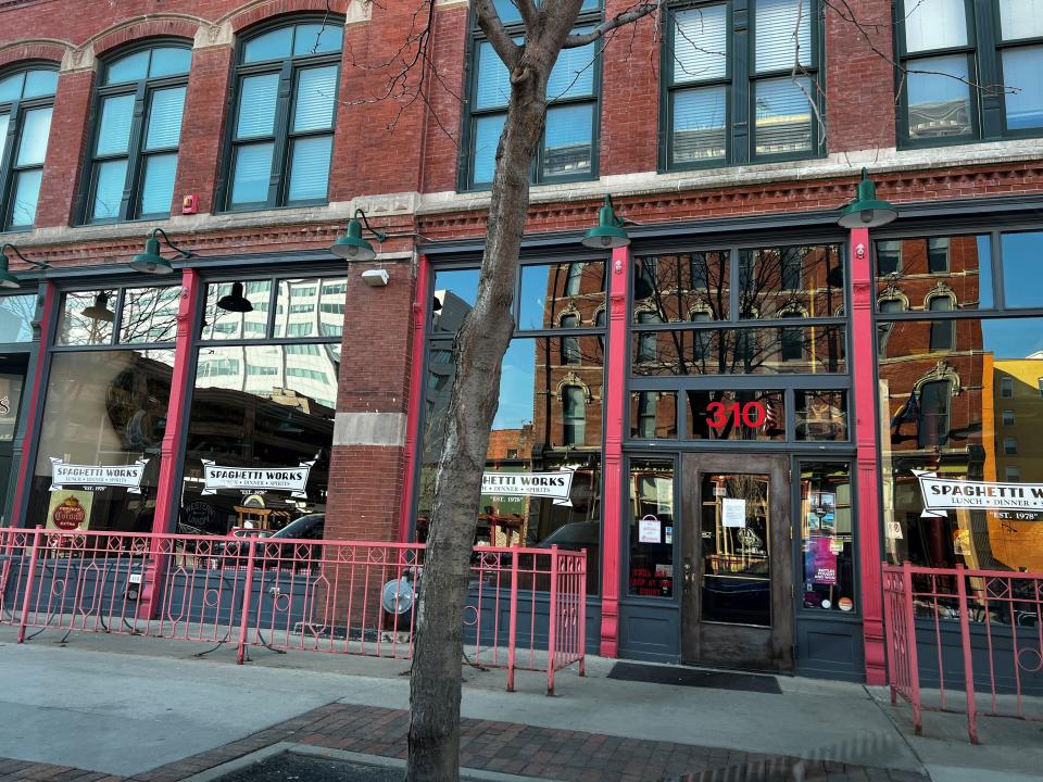 The exterior of The Old Spaghetti Works at 310 Court Ave. in Des Moines. The restaurant in the Historic Court Avenue district closed permanently on March 27, 2023.