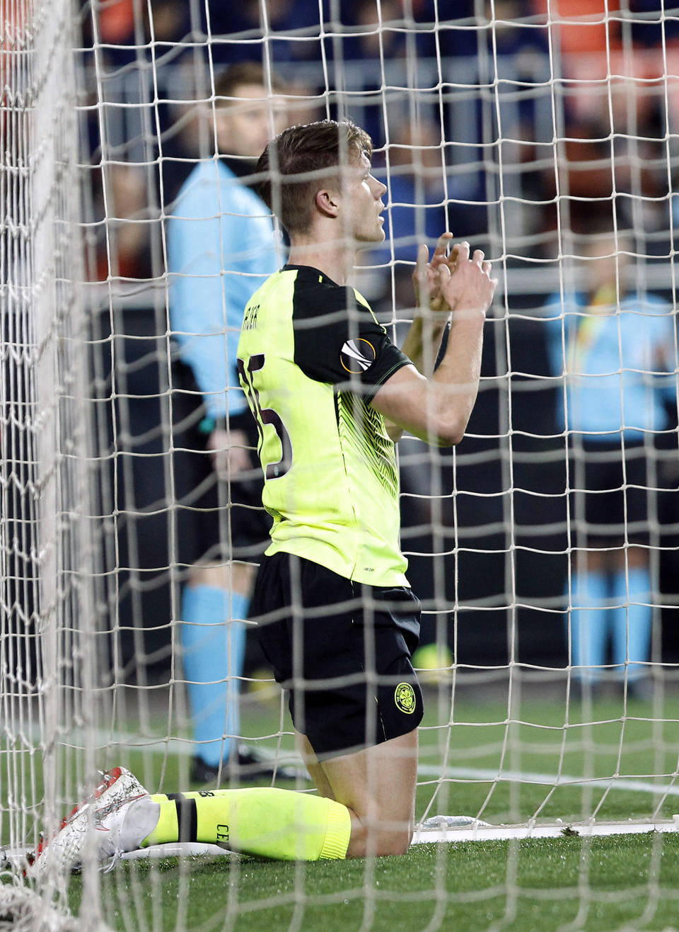 Celtic's Kristoffer Ajer reacts after failing to score against Valencia during the Europa League round of 32, second leg, soccer match between Valencia and Celtic at the Mestalla stadium in Valencia, Spain, Thursday, Feb. 21, 2019. (AP Photo/Alberto Saiz)