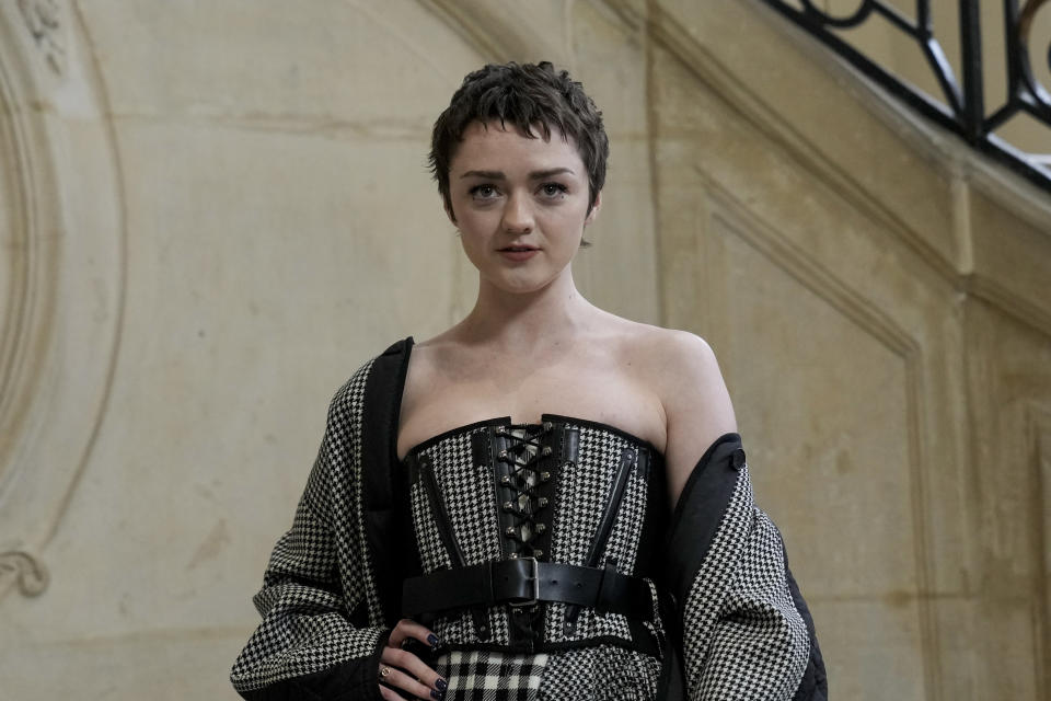 Maisie Williams attends a photo call before the Dior Haute Couture Spring-Summer 2023 collection presented in Paris, Monday, Jan. 23, 2023. (AP Photo/Christophe Ena)