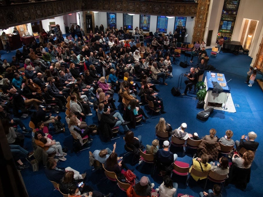 Crowds gather for a musical event at B'nai Jeshurun on October 22, 2023 in New York City.