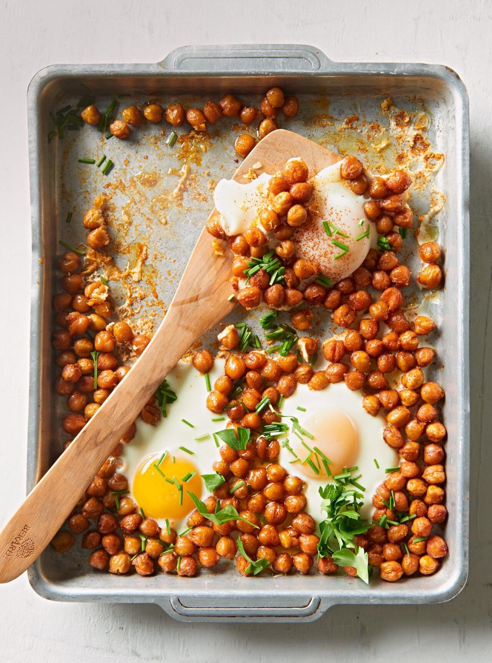 Paprika-spiced chickpeas and eggs are just as delicious for breakfast as they are for dinner. Try this sheet pan recipe for a speedy supper on a busy weeknight.