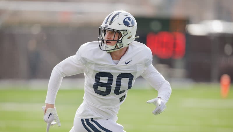 BYU freshman tight end Ryner Swanson runs a route during spring camp March 08, 2024, in Provo. The four-star recruit has already made quite a splash with coaches and teammates since arriving to Provo.