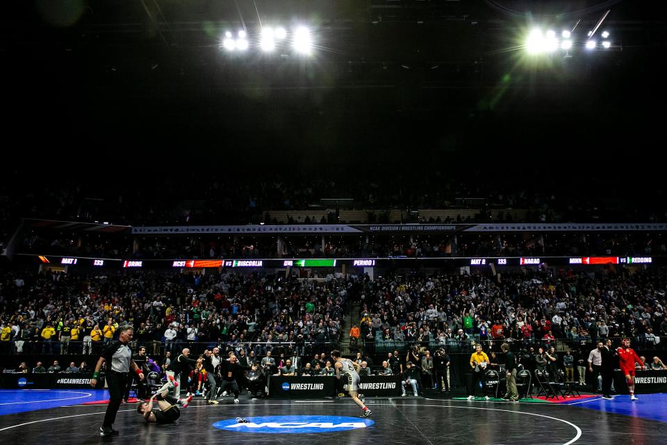 Purdue's Matt Ramos celebrates after pinning Iowa's Spencer Lee at 125 pounds in the semifinals during the fourth session of the NCAA Division I Wrestling Championships, Friday, March 17, 2023, at BOK Center in Tulsa, Okla.

230317 Ncaa S4 Wr 018 Jpg