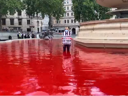 The fountains water was dyed red, symbolising what protesters said was blood on the government's hands: Animal Rebellion