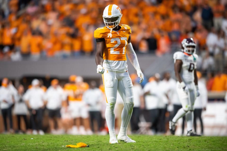 Tennessee defensive lineman James Pearce Jr. (27) points at a flag thrown against Texas A&M during a football game between Tennessee and Texas A&M at Neyland Stadium in Knoxville, Tenn., on Saturday, Oct. 14, 2023.