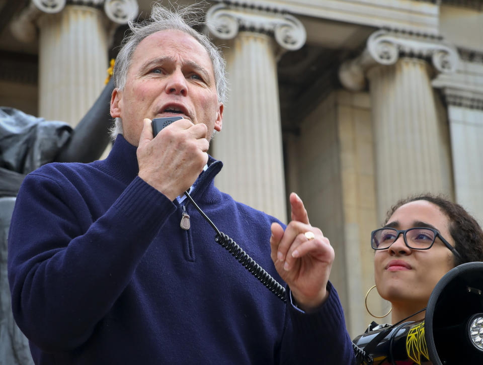 Democratic presidential candidate Washington Gov. Jay Inslee address a student Climate Strike rally at Columbia University, Friday March 15, 2019, in New York. (AP Photo/Bebeto Matthews)