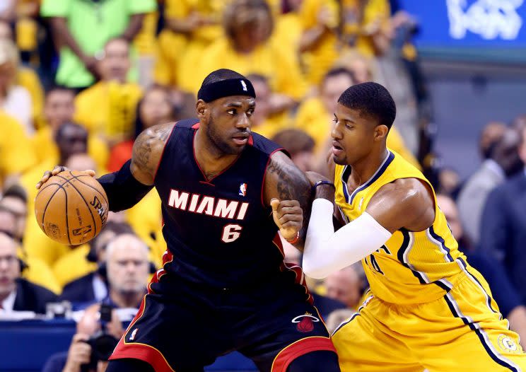 Paul George defends LeBron James in the 2014 playoffs. (Getty Images)