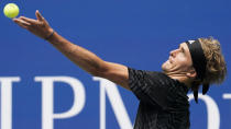 Alexander Zverev, of Germany, serves to Sam Querrey, of the United States, during the first round of the US Open tennis championships, Tuesday, Aug. 31, 2021, in New York. (AP Photo/John Minchillo)