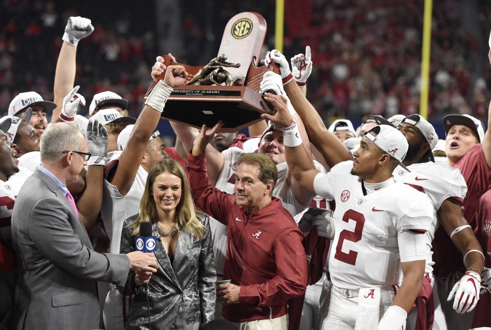 Dec 1, 2018; Atlanta, GA, USA; Alabama Crimson Tide head coach Nick Saban with the trophy after defeating the Georgia Bulldogs in the SEC championship game at Mercedes-Benz Stadium. Mandatory Credit: John David Mercer-USA TODAY Sports