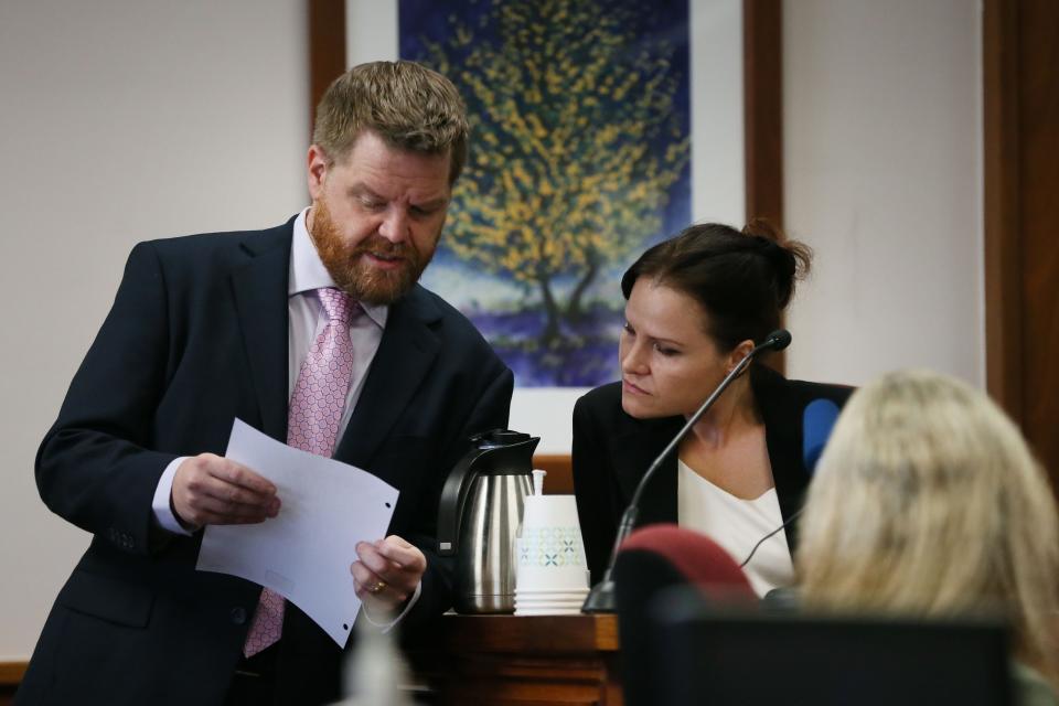 Mark Bankston, lawyer for Neil Heslin and Scarlett Lewis, parents of Sandy Hook shooting victim Jesse Lewis, questions InfoWars producer Daria Karpova on Wednesday. Austin-based Alex Jones, who runs the InfoWars media system, has been found to have defamed the parents of a slain Sandy Hook student for calling the mass shooting a hoax.