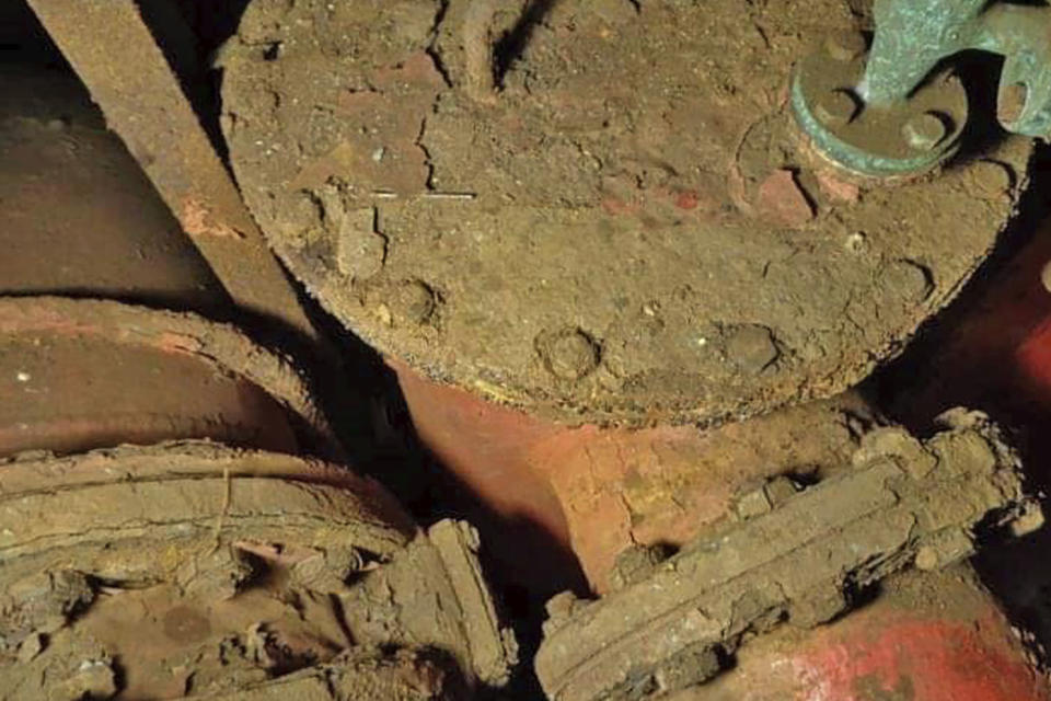 FILE - This 2019 photo provided by I.R. Consilium shows the corrosion on the control piping system inside the FSO Safer tanker, moored off Ras Issa port, Yemen. The Safer had posed an environmental threat since 2015, as it decayed and threatened to spill its contents of 1.14 million barrels into the Red Sea and Indian Ocean. After years of alarm and negotiations, the Safer’s oil was transferred onto another tanker in August. (I.R. Consilium via AP, File)