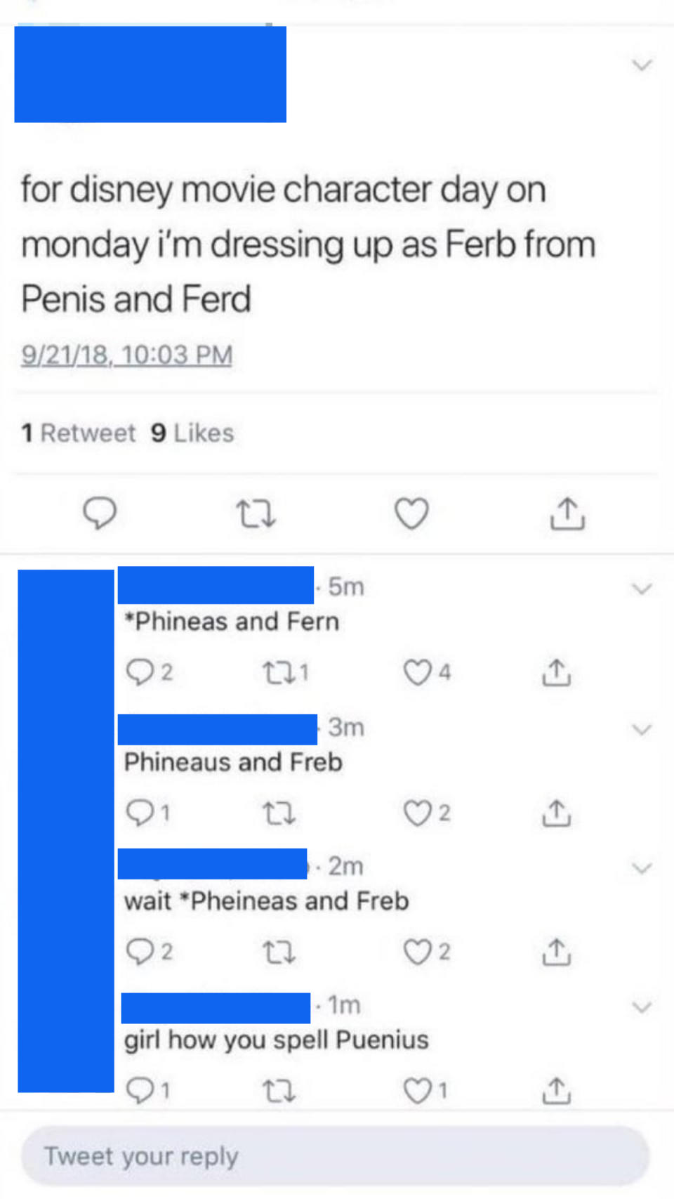 Tweet from user discussing plans to dress as Ferb for Disney movie character day, but they continuously misspell Phineas as Puenius