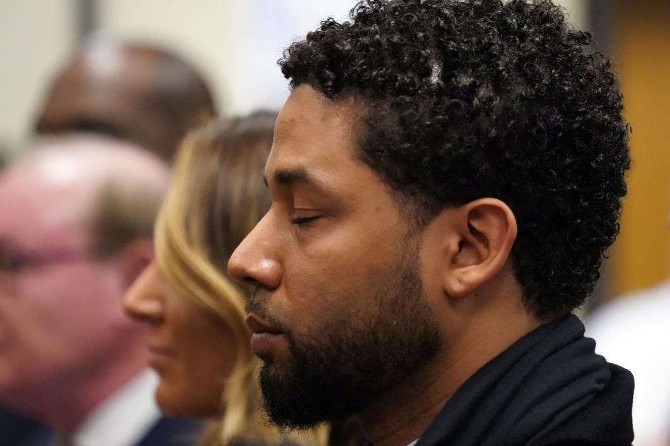 Actor Jussie Smollett appears in a courtroom at the Leighton Criminal Court Building in Chicago on Feb. 24, 2020, where he plead not guilty to restored charges that accuse him of staging a racist, homophobic attack against himself and falsely reporting it to police.