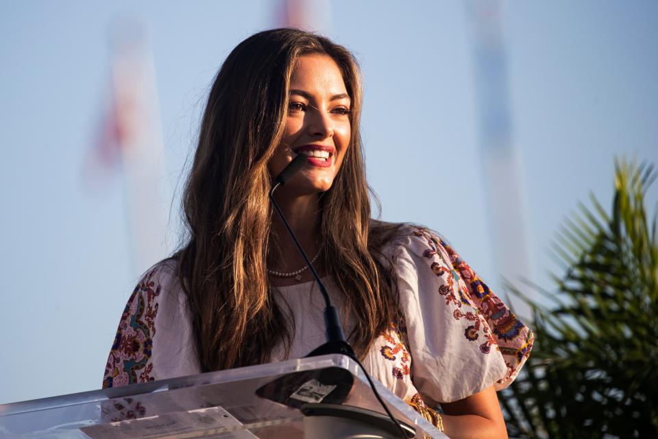 Demi Leigh-Tebow speaks at the Southwest Florida Community Prayer Breakfast at Lee Health Sports Complex in Hammond Stadium on Thursday, May 2, 2024.