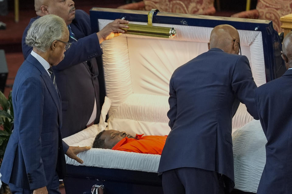 Rev. Al Sharpton pauses at the funeral for D'Vontaye Mitchell Thursday, July 11, 2024, in Milwaukee. A medical examiner has determined homicide as the preliminary cause of death. Mitchell died June 30 after an incident at a hotel. (AP Photo/Morry Gash)