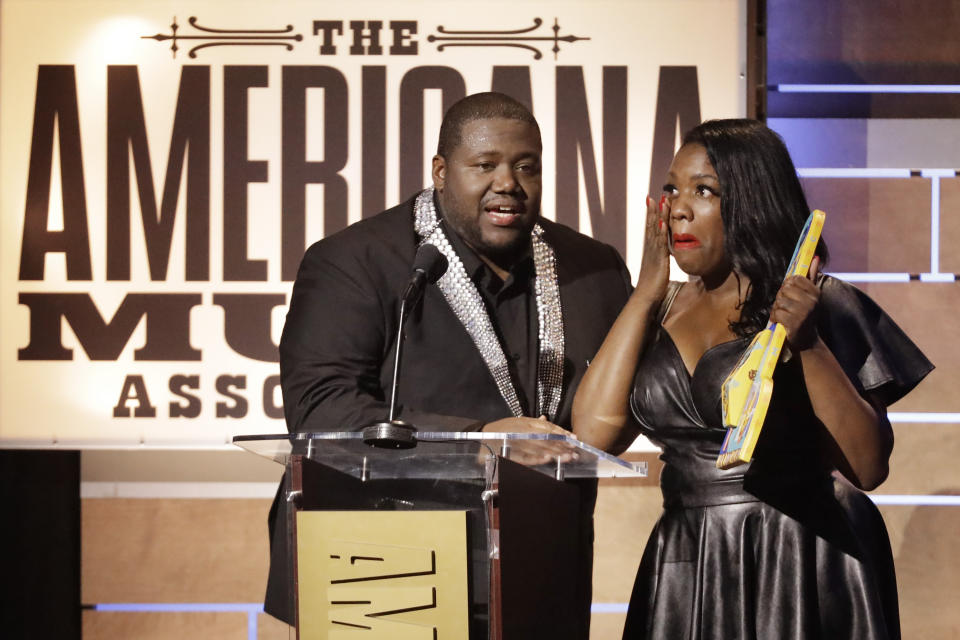 Michael and Tanya Trotter, of the duo The War and Treaty, accept the Emerging Act of the Year Award during the Americana Honors & Awards show Wednesday, Sept. 11, 2019, in Nashville, Tenn. (AP Photo/Wade Payne)