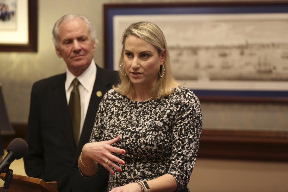 FILE - Eden Hendrick speaks after Gov. Henry McMaster nominates her to be the next director at the South Carolina Department of Juvenile Justice in Columbia, S.C., Tuesday, Feb. 22, 2022. Hendrick, the new Department of Juvenile Justice director, is leading the troubled agency after two of her predecessors resigned following state audits that found major faults, from a “useless and ineffective” in-house police force to an inability to keep children safe. (AP Photo/Jeffrey Collins, File)