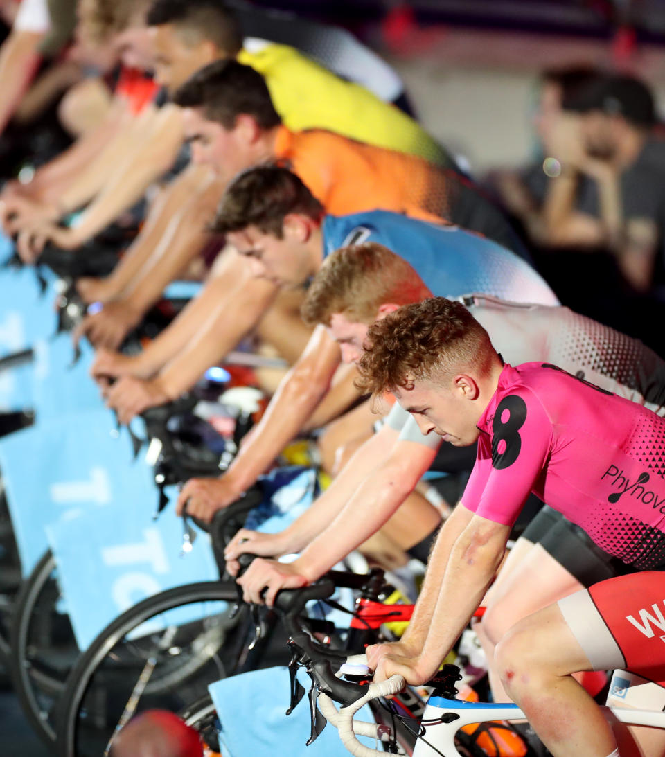 Winner of the U21s Zwift Race Denamarks Phillip Mathisen during day one of the Phynova Six Day Cycling at Lee Valley VeloPark, London. (Photo by Bradley Collyer/PA Images via Getty Images)