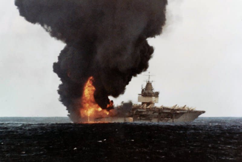 On January 14, 1969, a series of explosions aboard the nuclear aircraft carrier USS Enterprise off Hawaii killed 27 men. File Photo courtesy of the U.S. Navy