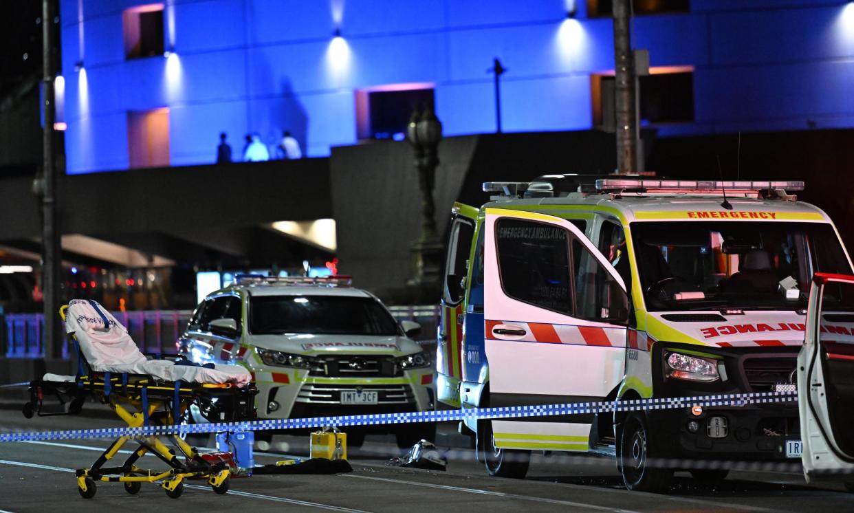 <span>Pakenham man, 20, has not been interviewed or charged and is set to undergo surgery after he was shot by a PSO near the Princes Street Bridge on Friday night. </span><span>Photograph: James Ross/AAP</span>