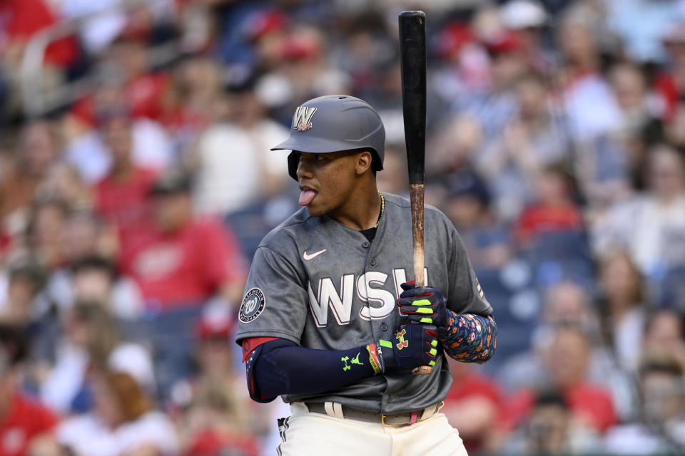 Washington Nationals' Juan Soto bats during the third inning of the second baseball game of a doubleheader against the Colorado Rockies, Saturday, May 28, 2022, in Washington. (AP Photo/Nick Wass)