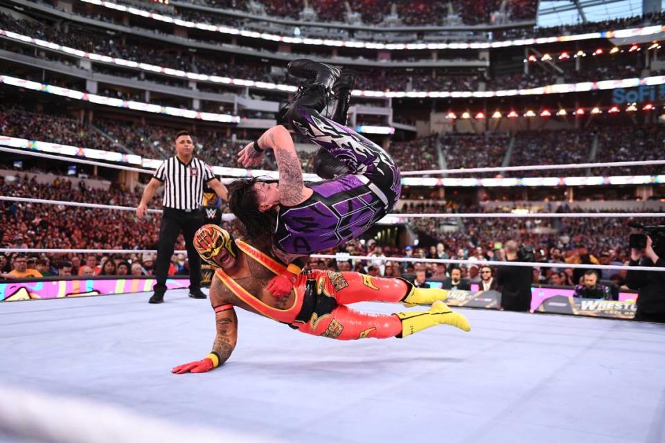 Rey Mysterio Jr. battles his son, Dominic, at WrestleMania 39 at SoFi Stadium in Inglewood, California on Saturday April 1, 2023. WWE