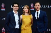 Directed by Damien Chazelle (L) and starring Emma Stone and Ryan Gosling, "La La Land" has charmed critics and returned more than 10 times its $30 million budget