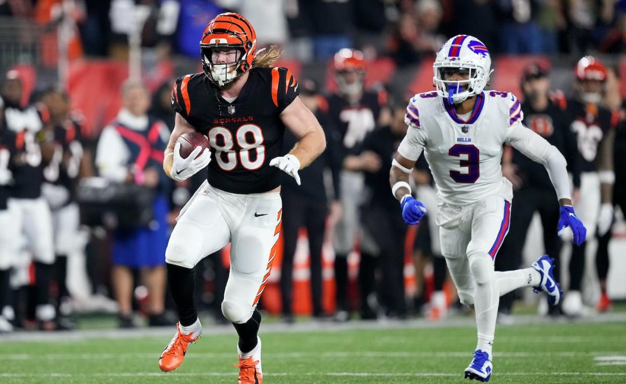 Damar Hamlin, #3, collapsed on the field after making a tackle during a game on January 2, 2023. <a href="https://www.gettyimages.com/detail/news-photo/hayden-hurst-of-the-cincinnati-bengals-runs-with-the-ball-news-photo/1454020920?phrase=damar%20hamlin&adppopup=true" rel="nofollow noopener" target="_blank" data-ylk="slk:Dylan Buell via Getty Images;elm:context_link;itc:0;sec:content-canvas" class="link ">Dylan Buell via Getty Images</a>