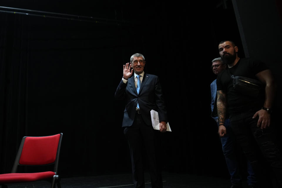 FILE - Presidential candidate and former Czech Republic's prime minister Andrej Babis waves to his supporters during a debate in Benesov, Czech Republic, Jan. 19, 2023. Retired army Gen. Petr Pavel is challenging populist billionaire Andrej Babis in the Czech presidential runoff vote for the largely ceremonial post that pits the political newcomer against the former prime minister. (AP Photo/Petr David Josek, File)