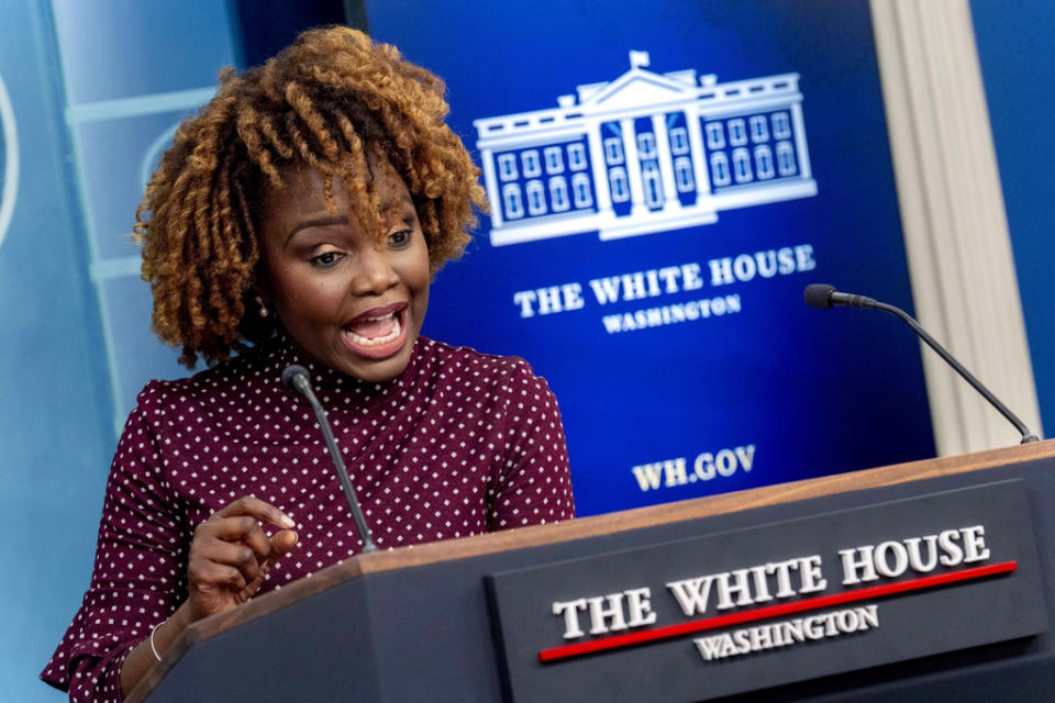 White House press secretary Karine Jean-Pierre speaks at a press briefing at the White House in Washington, Wednesday, March 6, 2024. (AP Photo/Andrew Harnik)