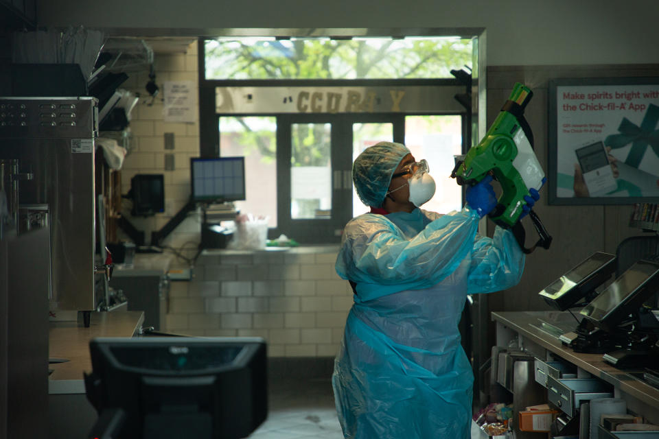 Photo of a Coronavirus clean up at a Chick-fil-A in Temple, Texas by Austin commercial photographer Matthew Lemke, www.MatthewLemke.com. Austin Corporate headshot, Austin professional headshots.