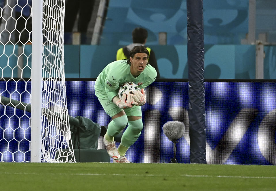 Switzerland's goalkeeper Yann Sommer in action during the Euro 2020 soccer championship group A match between Italy and Switzerland at Olympic stadium in Rome, Wednesday, June 16, 2021. (Andreas Solaro/Pool Photo via AP)