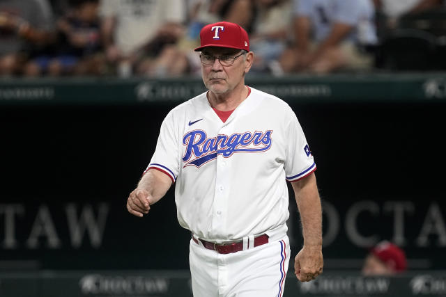 August 12 2023 San Francisco CA, U.S.A. Texas Rangers manager Bruce Bochy  (15) walks off the field after calling up for a new pitcher in the second  inning during the MLB game