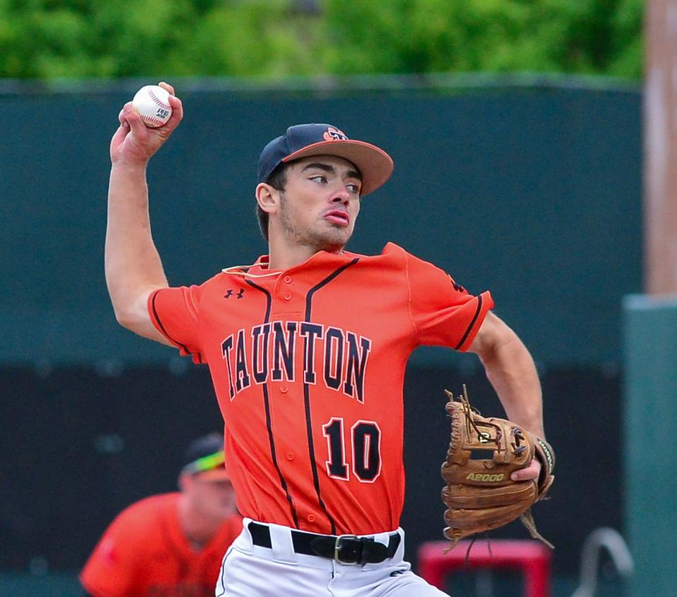 Taunton’s Evan Cali delivers a pitch during Saturday’s Division 1 State Championship against Franklin.