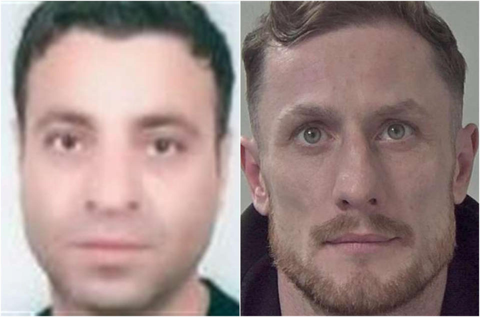 Kenan Parlakyildiz (left) and Jamie Estabrook were jailed alongside Danielle Estabrook for smuggling a child and two adults in the footwell and boot of a car into into the UK. (Home Office/SWNS)