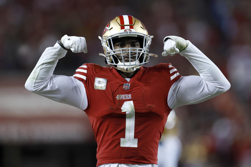 San Francisco 49ers cornerback Jimmie Ward (1) celebrates during the second half of an NFL football game against the Los Angeles Chargers in Santa Clara, Calif., Sunday, Nov. 13, 2022. (AP Photo/Jed Jacobsohn)