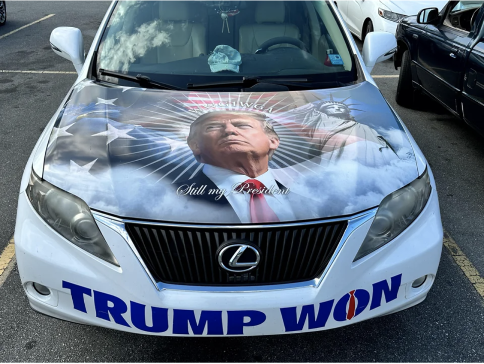 car decal with trump's face on the front and words, trump won