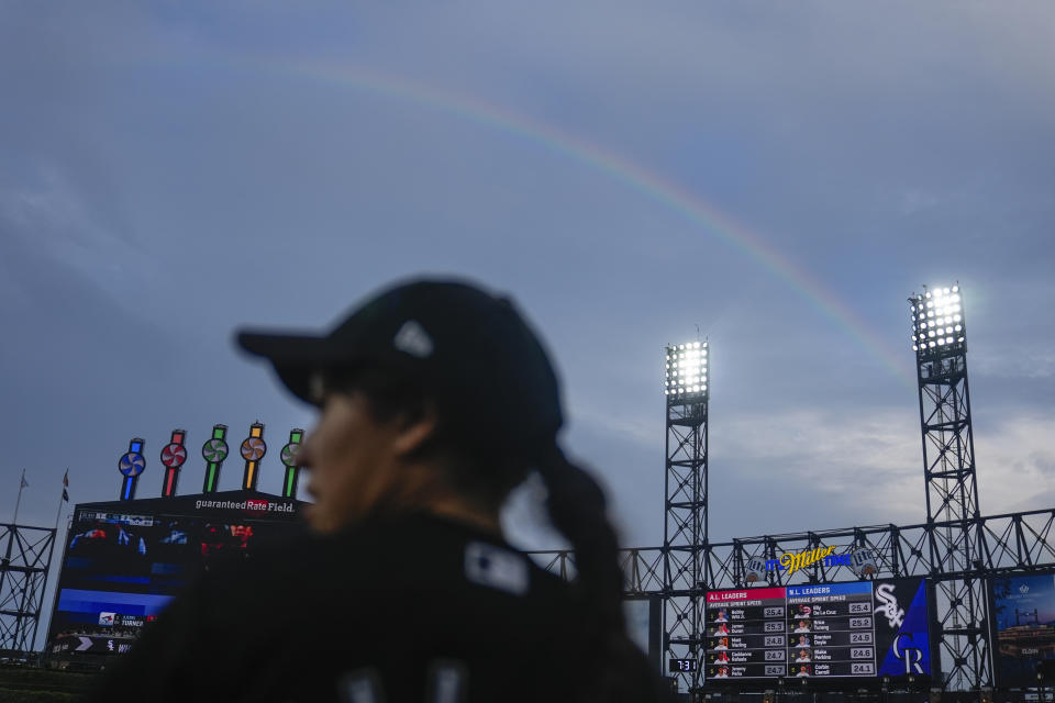 A rainbow appears beyond Guaranteed Rate Field during a rain delay before a baseball game between the Colorado Rockies and the Chicago White Sox, Friday, June 28, 2024, in Chicago. (AP Photo/Erin Hooley)