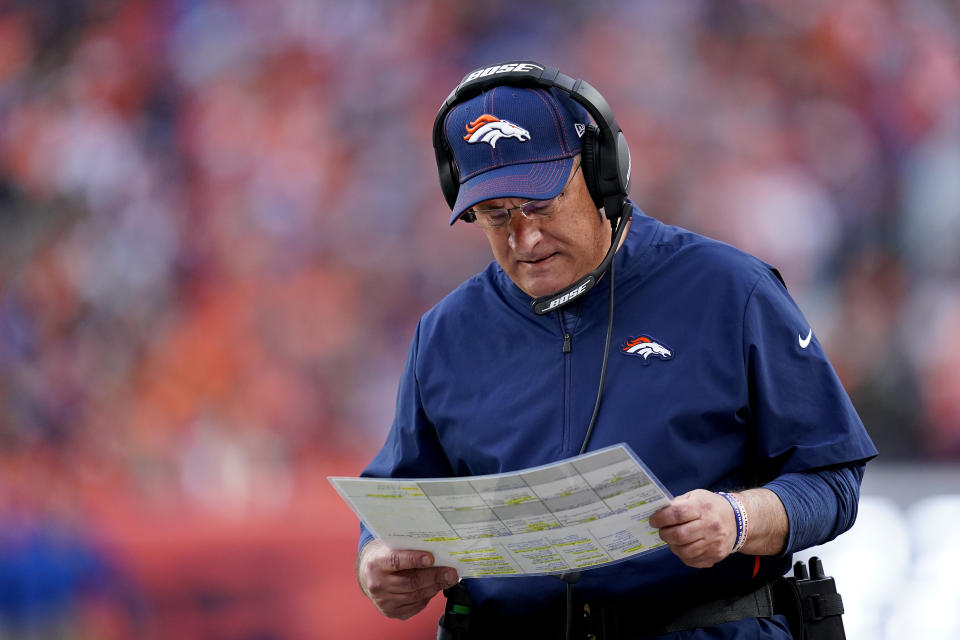 Denver Broncos head coach Vic Fangio looks over his play chart during the second half of an NFL football game against the Detroit Lions, Sunday, Dec. 22, 2019, in Denver. (AP Photo/Jack Dempsey)