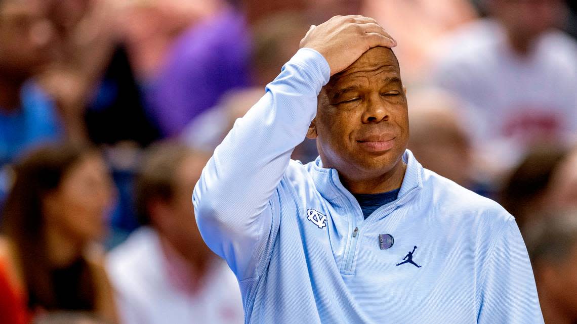 North Carolina coach Hubert Davis reacts during the closing minute of play against Virginia during the third round of the ACC Tournament on Thursday, March 9, 2023 at the Greensboro Coliseum in Greensboro, N.C. The Tar Heels fell 68-59.