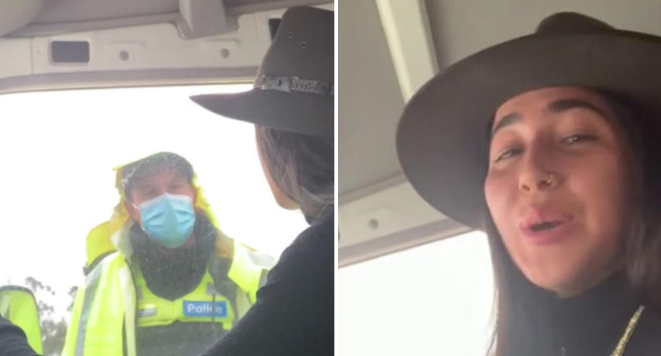 Photos show Eve Black at checkpoint speaking to Victorian police.