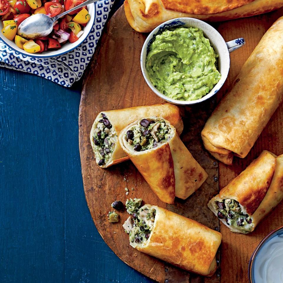 <p>Upgrade your burritos by crisping them in a skillet.</p> <p><a href="https://www.myrecipes.com/recipe/chicken-black-bean-chimichangas" rel="nofollow noopener" target="_blank" data-ylk="slk:Chicken-and-Black Bean Chimichangas Recipe;elm:context_link;itc:0;sec:content-canvas" class="link ">Chicken-and-Black Bean Chimichangas Recipe</a></p>