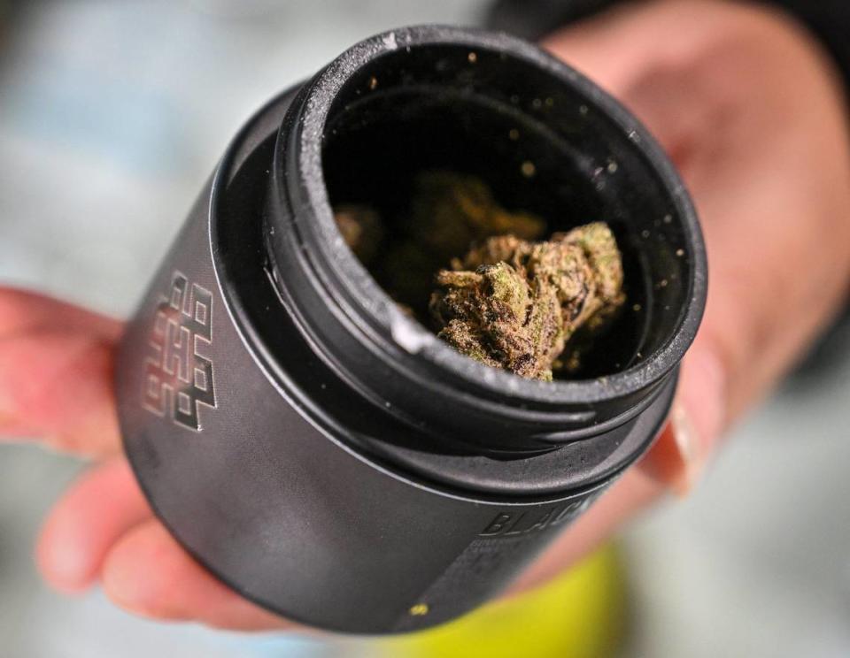 A container of Haven Black Label ZeClair cannabis is displayed at Haven Cannabis Dispensary in their new location in downtown Fresno on Tuesday, April 16, 2024.