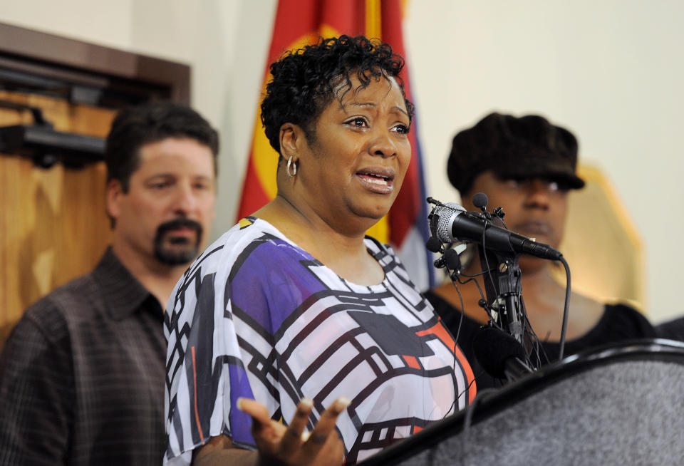 Deidra Brooks speaks about the difficulties her family has faced after her son Jarell Brooks was shot in the leg in the Colorado theatre shooting, during a press conference in Aurora, Colo., on Tuesday, Aug. 28, 2012. (AP Photo/Chris Schneider)