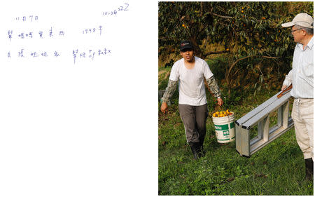 A combination picture shows a scanned copy of a note written by Chen Hong-zhi, 26, who suffers from short-term memory loss, detailing his day on November 7, where he writes, he purchased daily necessities for his stepmother, removed 1998 weeds, visited his friend, Sister Jhang, helped his neighbour, Uncle Shao and slept at 10:28pm (L), and Chen Hong-zhi carrying persimmons collected from Shao's garden, in Hsinchu, Taiwan, November 7, 2018. REUTERS/Tyrone Siu