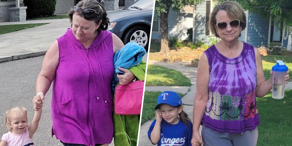 Workman walks with with two of her granddaughters before her weight loss, left, and after. (Courtesy Brenda Workman)