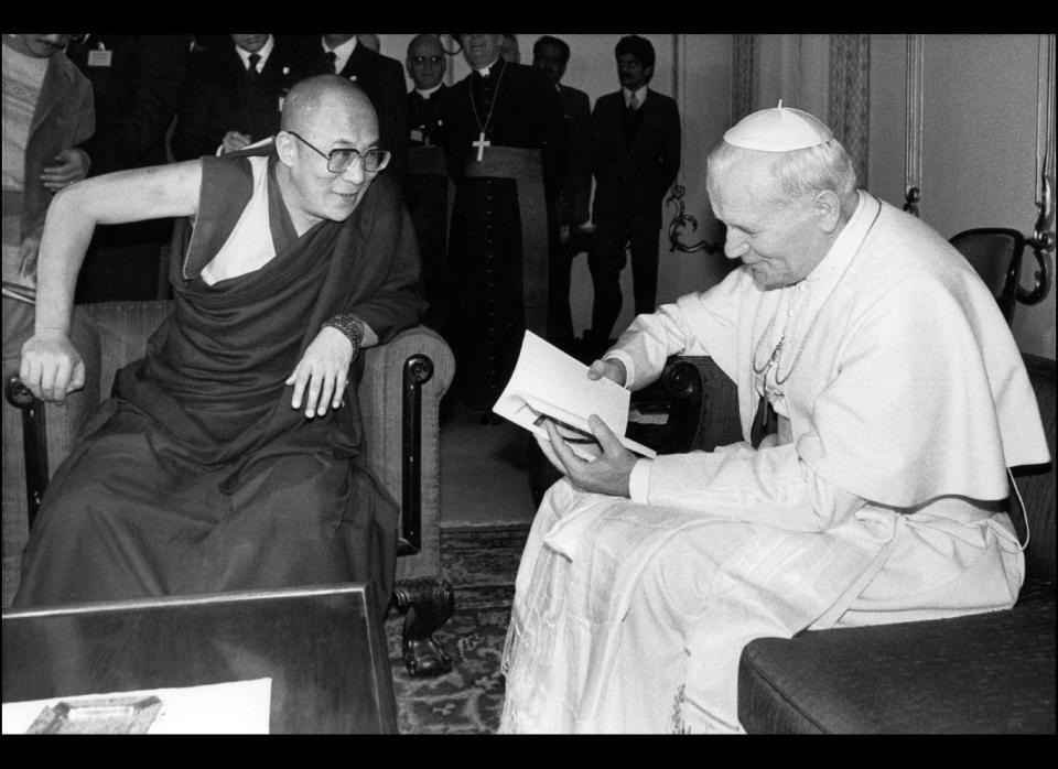 John Paul II was passionately committed to cooperation between the world's religions. His willingness to pray with non-Christians alarmed some of his theological advisers.    (Photo: John Paul II with the Dalai Lama, Spiritual Chief of Tibetan Buddhists, New Delhi, February 1986.)