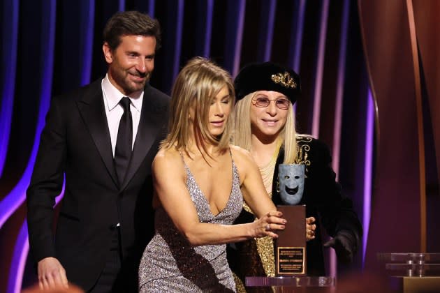 Jennifer Aniston Shines in Celine Slip Dress, Presents Barbra Streisand  with Lifetime Achievement Award at SAG Awards 2024