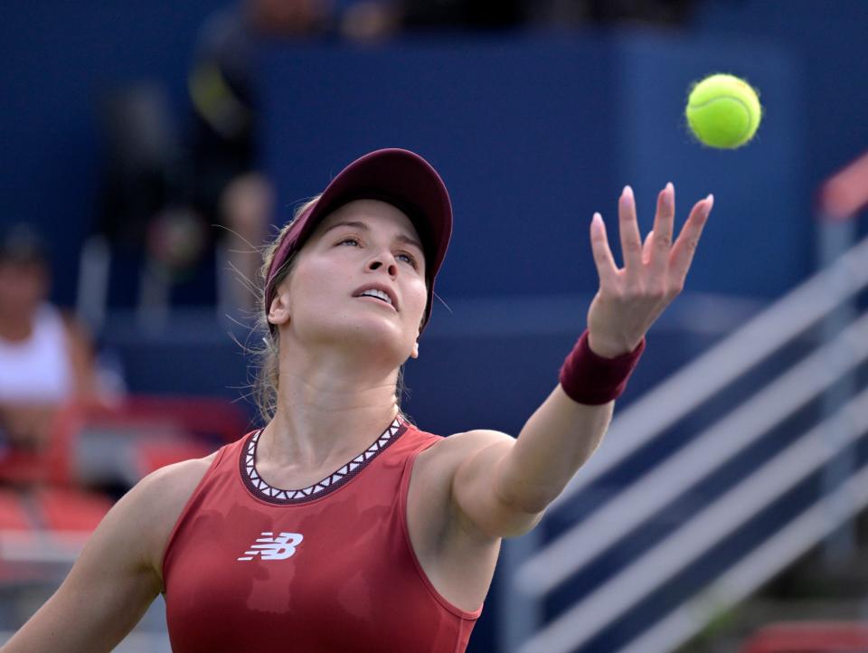 Aug 5, 2023; Montreal, Quebec, Canada; Eugenie Bouchard (CAN) serves against Danielle Collins (USA) (not pictured) in first round qualifying play at IGA Stadium. Mandatory Credit: Eric Bolte-USA TODAY Sports