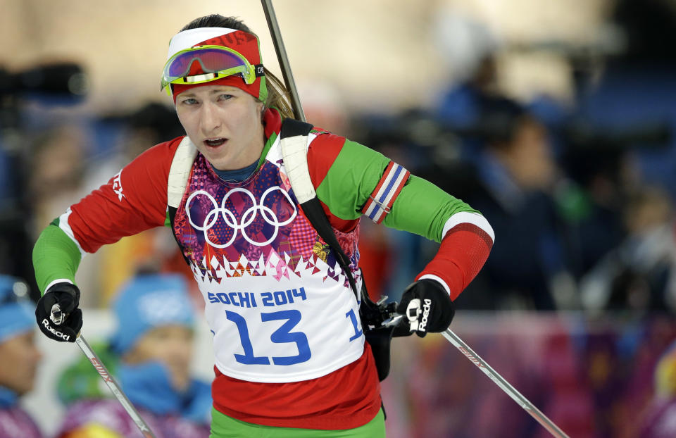 Belarus' Darya Domracheva competes during the women's biathlon 15k individual race, at the 2014 Winter Olympics, Friday, Feb. 14, 2014, in Krasnaya Polyana, Russia. (AP Photo/Lee Jin-man)